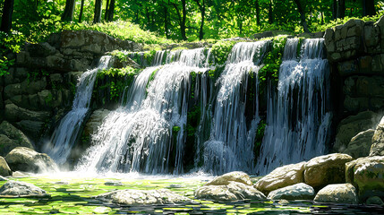 Obraz premium Lush green forest waterfall cascading over rocks into a pool.