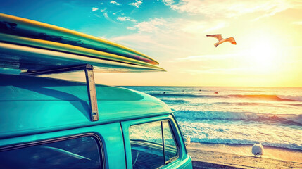 vibrant beach scene featuring retro van with surfboards, ocean waves, and sunset