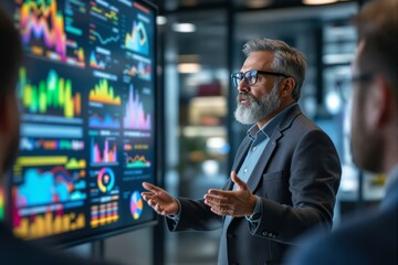 Business professional presenting data analysis on screen in a modern office environment.