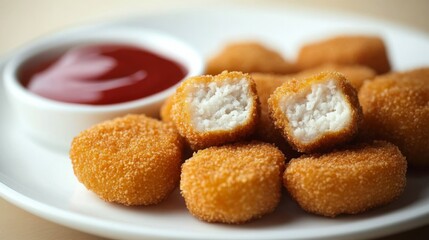 Crispy Chicken Nuggets on White Plate with Sauce