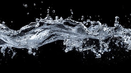 Water wave splashes with droplets against black.