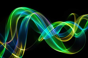 Obraz premium Abstract glowing light waves in vibrant green, blue, and yellow tones on a dark black background.
