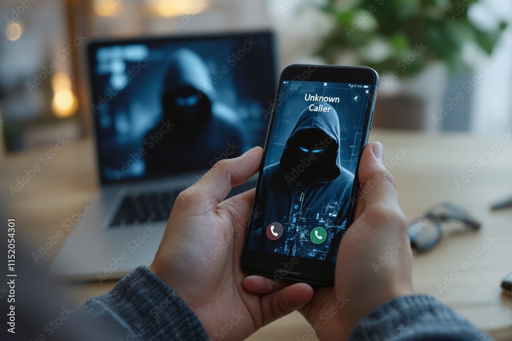 Poster hands holding a smartphone displaying a threatening unknown caller with a hooded figure on the scree