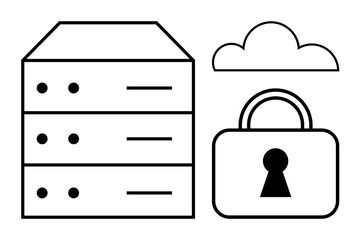 Server stack, cloud, and lock icon. Ideal for cybersecurity, cloud storage, data protection, web hosting, information security technology services digital privacy. Line metaphor