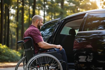 A man in a wheelchair near a car, outdoors in a forest setting.