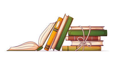 Composition with books. Vector illustration of stack of books with rope, standing books and open book isolated on white background. Book lover, bookstore, library, cozy home concept.
