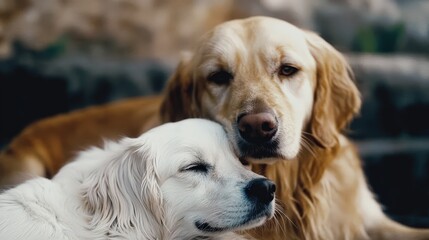 Golden Retrievers Relaxing Together in Soft Light