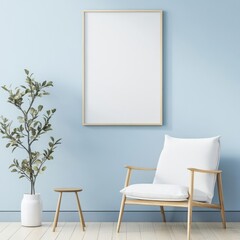 A minimalist interior scene featuring a cozy white armchair with wooden accents, positioned next to a blank picture frame on a light blue wall.