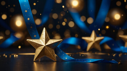 Golden star with golden on dark blue background with lighting effect and sparkle. Luxury template celebration award design. Vector illustration