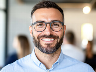 Obraz premium Professional man smiling in office portrait photo bright environment positive atmosphere