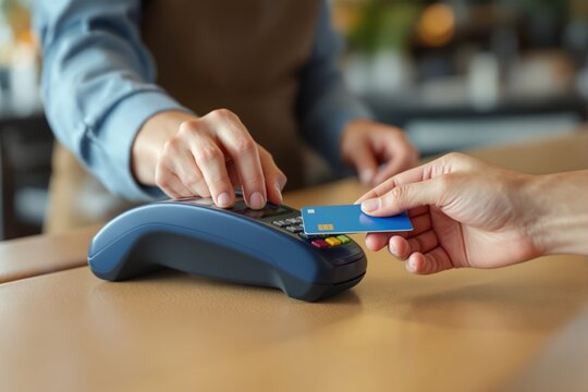 Close-up of a credit card payment at a POS machine in a business setting. - Powered by Adobe
