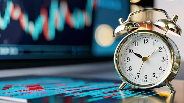 A stylish alarm clock on a financial trading desk with graphs.