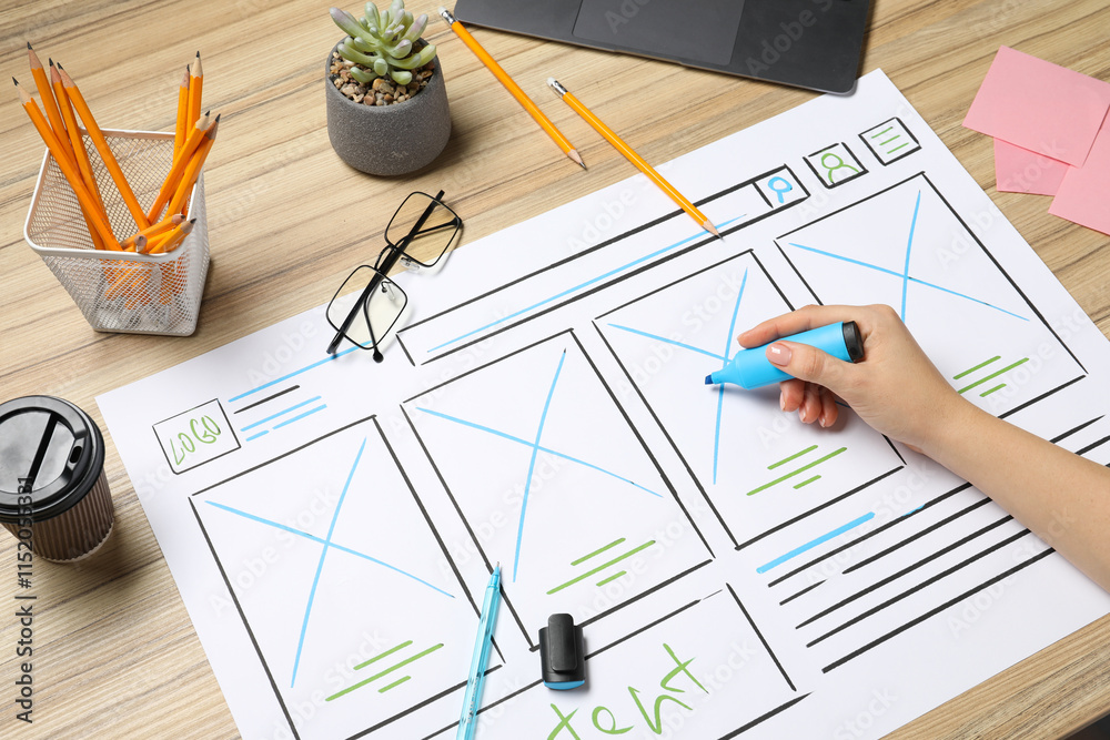 Wall mural website designer creating wireframe on paper with highlighter at wooden table, closeup