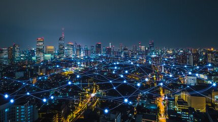 Fototapeta premium Smart digital city with connection cyber security network reciprocity over the cityscape . future smart wireless digital city and social media networking systems that connects people within the city