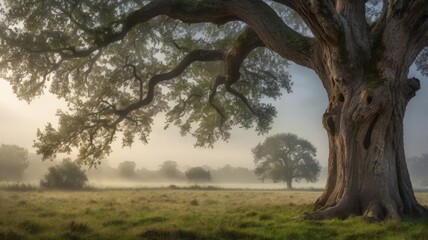 Majestic oak tree in misty morning light