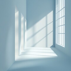 Obraz premium A minimalistic abstract light blue background featuring soft shadows and light filtering through windows, perfect for showcasing products with a serene and modern aesthetic.