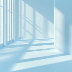 Obraz premium A minimalistic abstract light blue background featuring soft shadows and light filtering through windows, perfect for showcasing products with a serene and modern aesthetic.