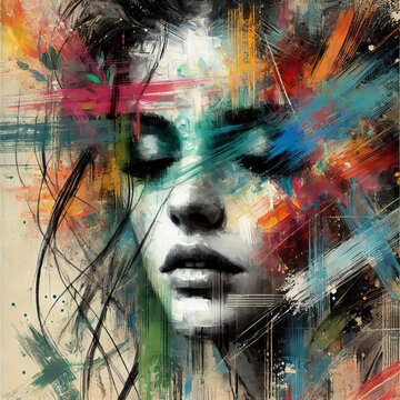 Abstract woman portrait with vibrant brushstrokes covering face. Artistic expression, contemporary style. Mixed media grunge collage, ink splatter. Anxiety, headache, mental disorder illustration
