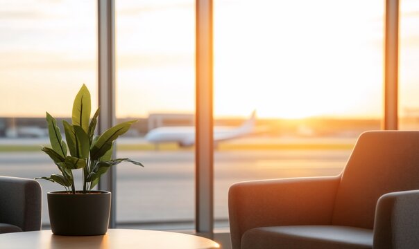 Fototapeta A serene airport lounge with a plant and sunset view.