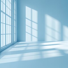 A minimalistic abstract light blue background featuring soft shadows and light filtering through windows, perfect for showcasing products with a serene and modern aesthetic.
