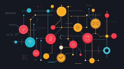 Vibrant abstract network design featuring colorful nodes and connections representing data flow and technology.