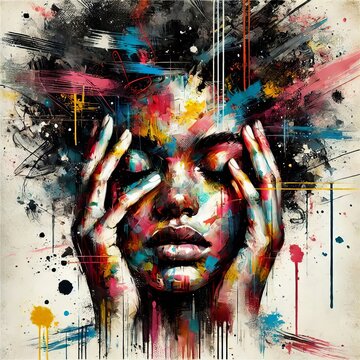 Abstract woman portrait with vibrant brushstrokes covering face. Artistic expression, contemporary style. Mixed media grunge collage, ink splatter. Anxiety, headache, mental disorder illustration
