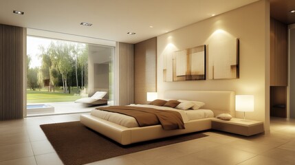 A modern bedroom interior design featuring a sophisticated palette of cream white and brown colors.