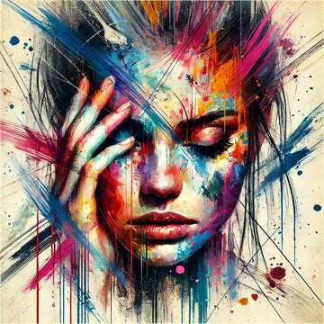 Abstract woman portrait with vibrant brushstrokes covering face. Artistic expression, contemporary style. Mixed media grunge collage, ink splatter. Anxiety, headache, mental disorder illustration
