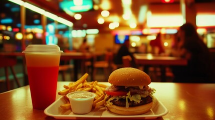 Delicious Fast Food Meal on a Tray with Warm Lighting