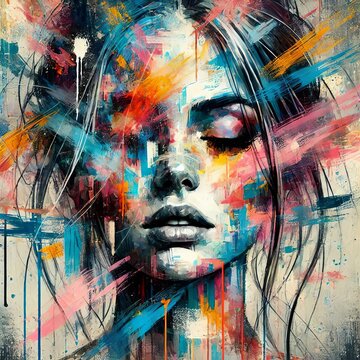 Abstract woman portrait with vibrant brushstrokes covering face. Artistic expression, contemporary style. Mixed media grunge collage, ink splatter. Anxiety, headache, mental disorder illustration
