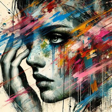 Abstract woman portrait with vibrant brushstrokes covering face. Artistic expression, contemporary style. Mixed media grunge collage, ink splatter. Anxiety, headache, mental disorder illustration

