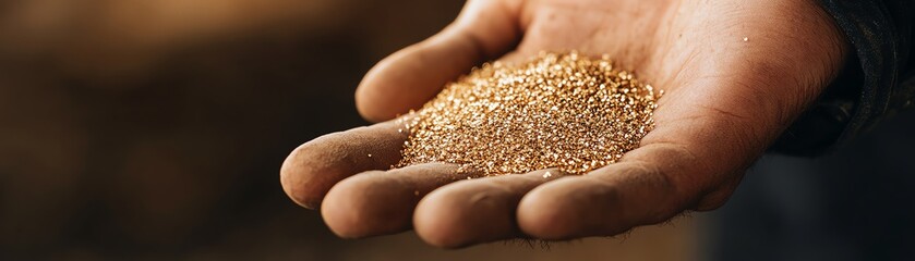 Hand holding raw gold grains, symbolizing wealth and mining industry process.