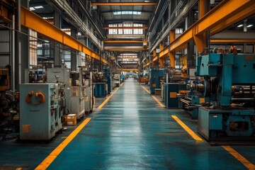 Fototapeta premium Industrial factory corridor with yellow lines and blue machinery