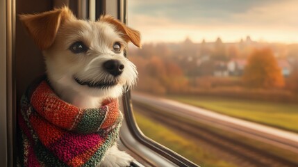 Schnauzer with a colorful scarf looking out of a train window.
