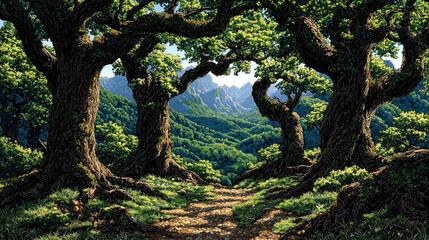 Fototapeta premium Majestic oak trees frame a mountain vista.