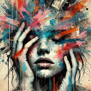 Abstract woman portrait with vibrant brushstrokes covering face. Artistic expression, contemporary style. Mixed media grunge collage, ink splatter. Anxiety, headache, mental disorder illustration
