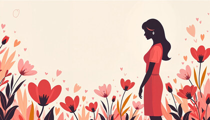 Fototapeta premium Elegant Woman Silhouette with Romantic Mood Surrounded by Hearts and Flowers against Cream Background with Copy Space