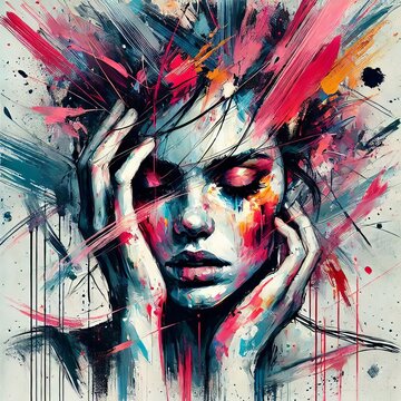 Abstract woman portrait with vibrant brushstrokes covering face. Artistic expression, contemporary style. Mixed media grunge collage, ink splatter. Anxiety, headache, mental disorder illustration
