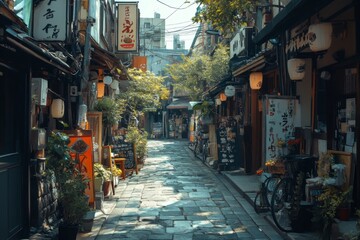 Fototapeta premium Dark alley with wet cobblestones and dramatic lighting