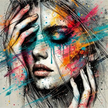 Abstract woman portrait with vibrant brushstrokes covering face. Artistic expression, contemporary style. Mixed media grunge collage, ink splatter. Anxiety, headache, mental disorder illustration
