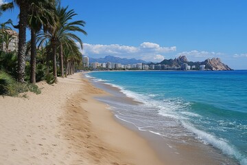 Tropical beach with clear turquoise water and a scenic coastline