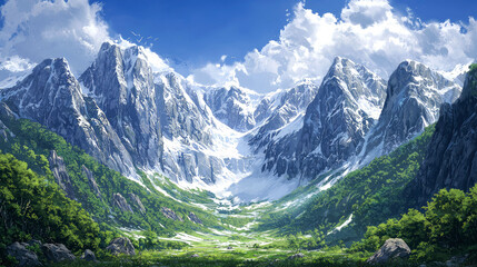 Fototapeta premium Majestic snow-capped mountains and lush green valley.