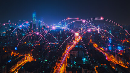 Smart digital city with connection cyber security network reciprocity over the cityscape . future smart wireless digital city and social media networking systems that connects people within the city