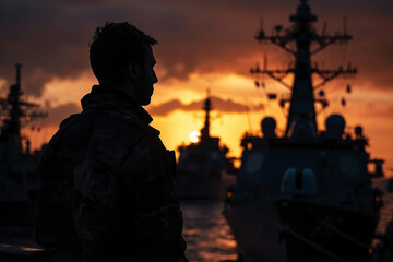 Fototapeta premium Generative AI Coast Guard Lifeguard Standing in Harbor at Sunset