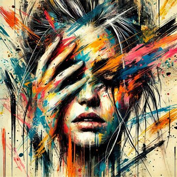 Abstract woman portrait with vibrant brushstrokes covering face. Artistic expression, contemporary style. Mixed media grunge collage, ink splatter. Anxiety, headache, mental disorder illustration

