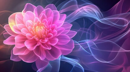 A mesmerizing neon flower with intricate, trippy patterns, glowing vibrantly in shades of pink against a stark black background.