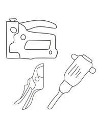 Jackhammer, Cutter, Stapler common tools in a construction vector set include a saw, ideal for cutting wood, metal, a drill, which creates holes in various materials. clean, modern vector style.