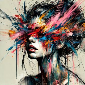 Abstract woman portrait with vibrant brushstrokes covering face. Artistic expression, contemporary style. Mixed media grunge collage, ink splatter. Anxiety, headache, mental disorder illustration
