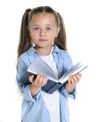 Learning alphabet. Little girl with book on white background