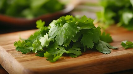 Close up sliced Coriander Leaf on wooden board